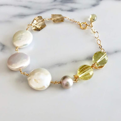 K14GF coin pearl and champagne/lemon quartz bracelet 第10張的照片