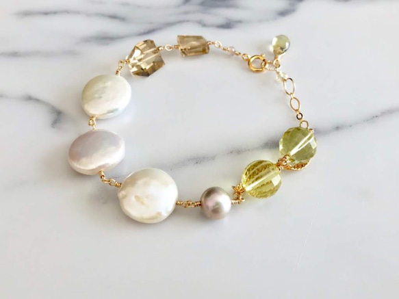 K14GF coin pearl and champagne/lemon quartz bracelet 第10張的照片