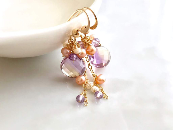 K14GF Ametrine and freshwater pearl earrings 第1張的照片