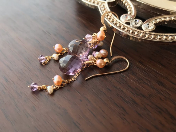 K14GF Ametrine and freshwater pearl earrings 第2張的照片