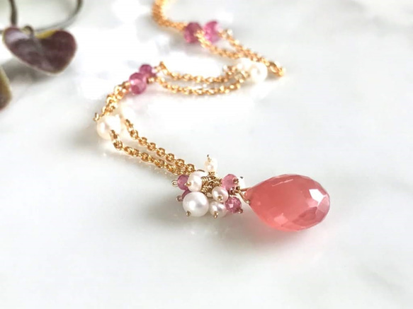 K14GF Inca Rose (Rhodochrosite) and Freshwater Pearl Necklac 第3張的照片