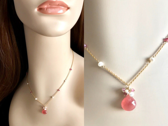 K14GF Inca Rose (Rhodochrosite) and Freshwater Pearl Necklac 第5張的照片