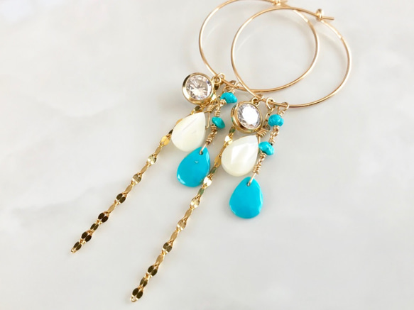 K14GF Sleeping Beauty Turquoise and MOP Hoop Earrings 第6張的照片