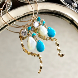 K14GF Sleeping Beauty Turquoise and MOP Hoop Earrings 第7張的照片