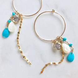 K14GF Sleeping Beauty Turquoise and MOP Hoop Earrings 第8張的照片