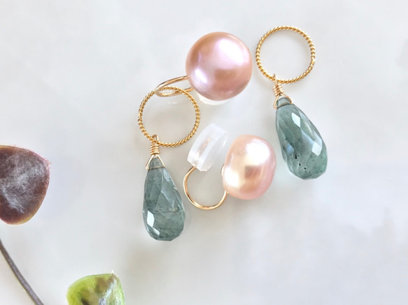 K14GF Freshwater Pearl and Moss Aquamarine Clip-on Earrings 第2張的照片