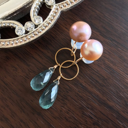 K14GF Freshwater Pearl and Moss Aquamarine Clip-on Earrings 第3張的照片