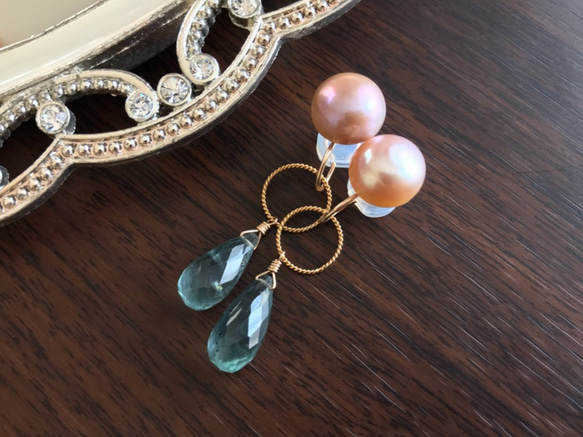 K14GF Freshwater Pearl and Moss Aquamarine Clip-on Earrings 第3張的照片