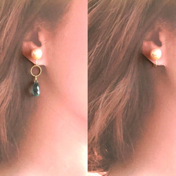 K14GF Freshwater Pearl and Moss Aquamarine Clip-on Earrings 第5張的照片