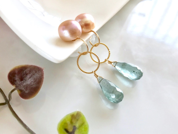 K14GF Freshwater Pearl and Moss Aquamarine Clip-on Earrings 第6張的照片