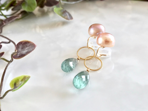 K14GF Freshwater Pearl and Moss Aquamarine Clip-on Earrings 第8張的照片