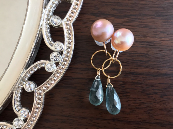 K14GF Freshwater Pearl and Moss Aquamarine Clip-on Earrings 第9張的照片