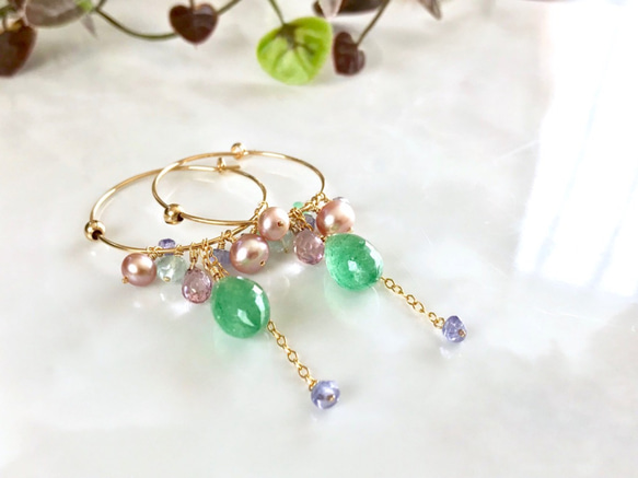 K14GF Green Strawberry Quartz Hoop Earrings 第8張的照片