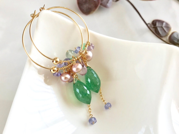 K14GF Green Strawberry Quartz Hoop Earrings 第9張的照片