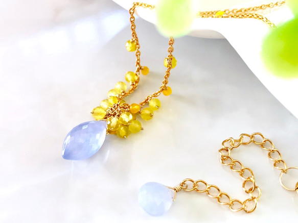 K14GF Blue Chalcedony and Yellow Opal necklace 第1張的照片