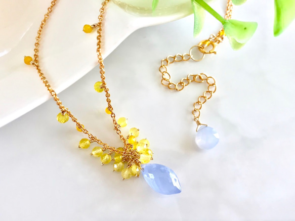 K14GF Blue Chalcedony and Yellow Opal necklace 第6張的照片