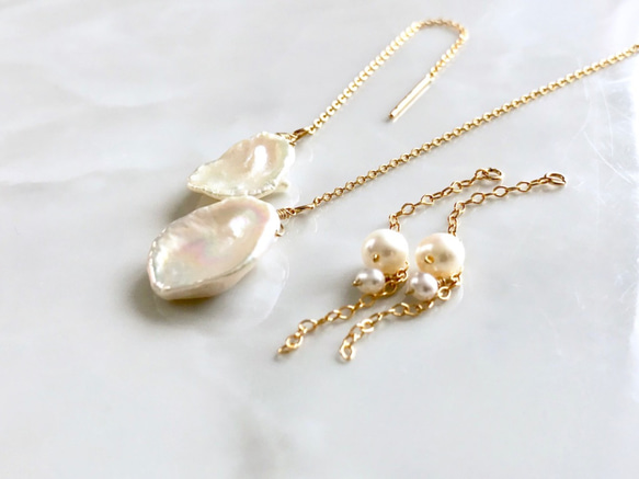 K14GF Freshwater pearl 2way American earrings 第3張的照片