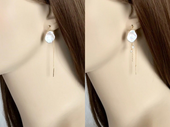 K14GF Freshwater pearl 2way American earrings 第5張的照片