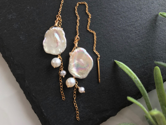 K14GF Freshwater pearl 2way American earrings 第9張的照片