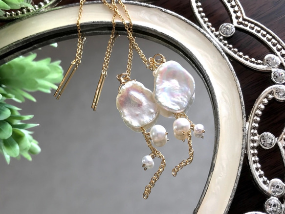 K14GF Freshwater pearl 2way American earrings 第10張的照片