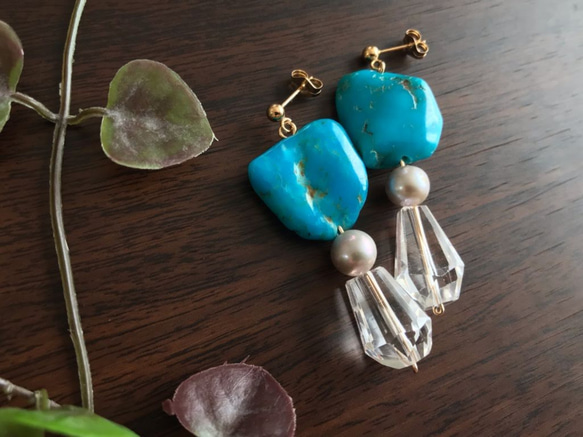 K14GF Turquoise and crystal earrings 第2張的照片