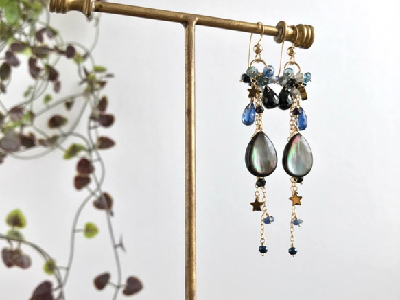 K14GF Black shell and kyanite long earrings 第10張的照片