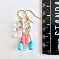K14GF Sea Blue Chalcedony and Coral Earrings 第4張的照片
