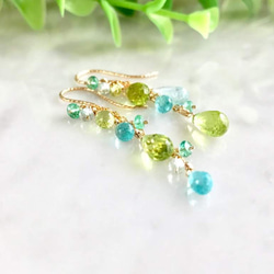 K14GF Peridot and apatite asymmetry Earrings 第3張的照片