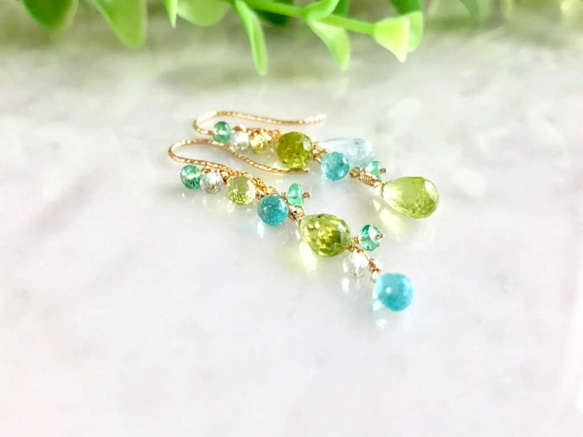 K14GF Peridot and apatite asymmetry Earrings 第3張的照片