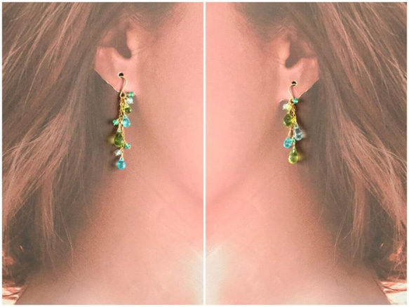 K14GF Peridot and apatite asymmetry Earrings 第5張的照片