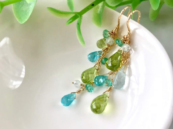 K14GF Peridot and apatite asymmetry Earrings 第7張的照片