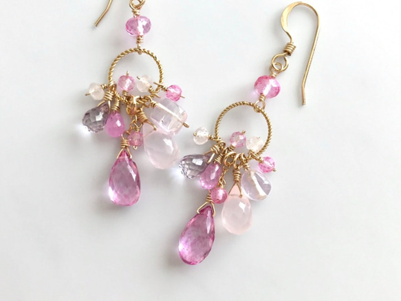 K14GF Pink Topaz and Pink Gemstone Earrings 第1張的照片