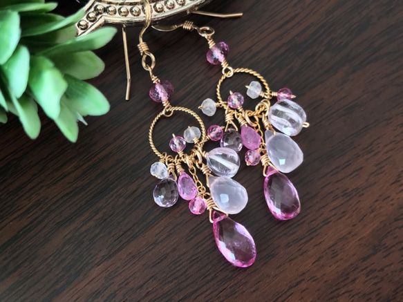 K14GF Pink Topaz and Pink Gemstone Earrings 第2張的照片