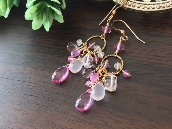 K14GF Pink Topaz and Pink Gemstone Earrings 第8張的照片