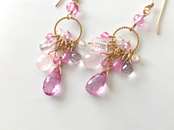 K14GF Pink Topaz and Pink Gemstone Earrings 第10張的照片