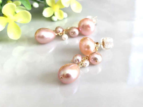 K14GF Cherry Blossom Freshwater Pearl 2way Stud Earrings 第1張的照片