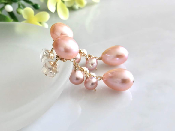 K14GF Cherry Blossom Freshwater Pearl 2way Stud Earrings 第3張的照片