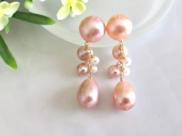 K14GF Cherry Blossom Freshwater Pearl 2way Stud Earrings 第10張的照片