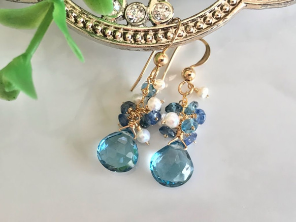 K14GF London Blue Topaz and Kyanite, Pearl Earrings 第1張的照片