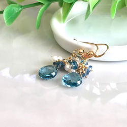 K14GF London Blue Topaz and Kyanite, Pearl Earrings 第3張的照片