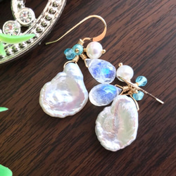 K14GF Keshi Pearl and White Labradorite Earrings 第2張的照片