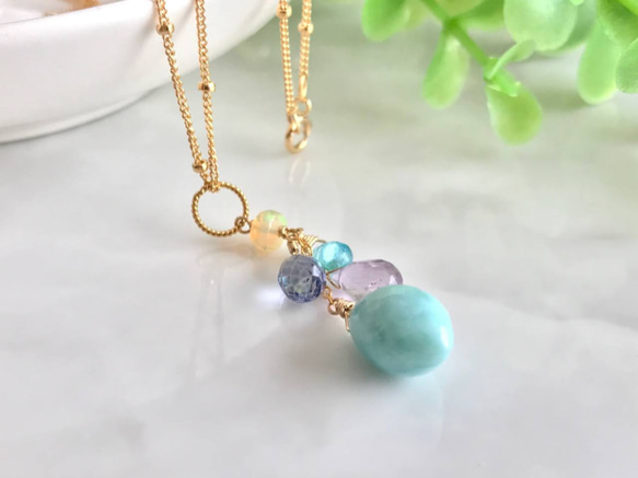 K14GF Larimar and pink amethyst pendant top 第3張的照片