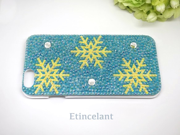iPhone全機種受注対応　雪の結晶模様のアイフォンケース　スカイブルー&イエロー 2枚目の画像