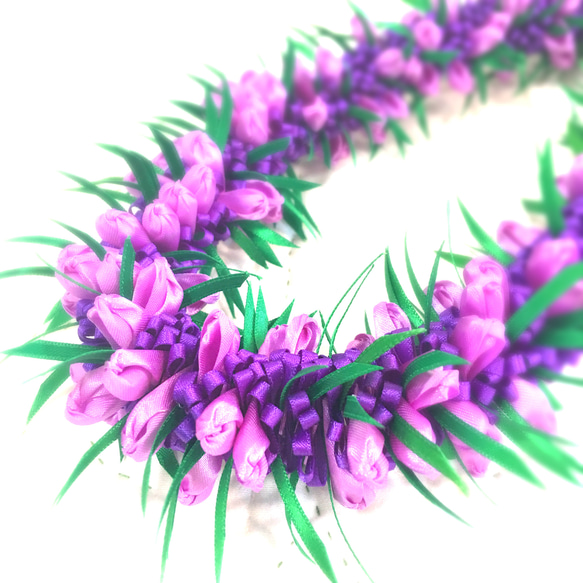 リボンを使ったバックアクセサリーハワイアン リボンレイ ラベンダー薄紫 クロッカス  長さ調節可能 4枚目の画像