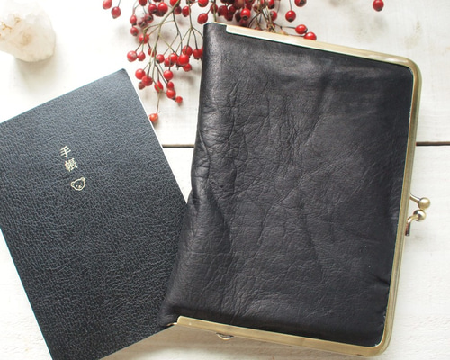 ハンドメイド】本革 文庫本・手帳・ノートカバー ワニ型押し ブラック