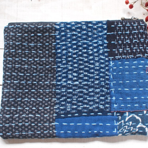 BORO襤褸ゆきんこ型染格子 ちくちく刺し子の優しいポーチ おばあちゃま