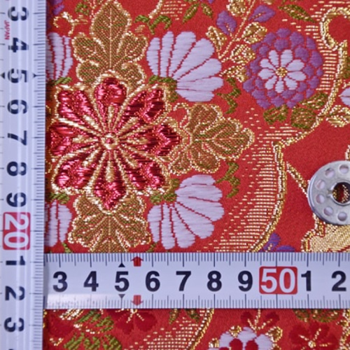 金襴 生地 変わり菊文様 赤（カラー箔） ☆生地幅約33cm×長さ