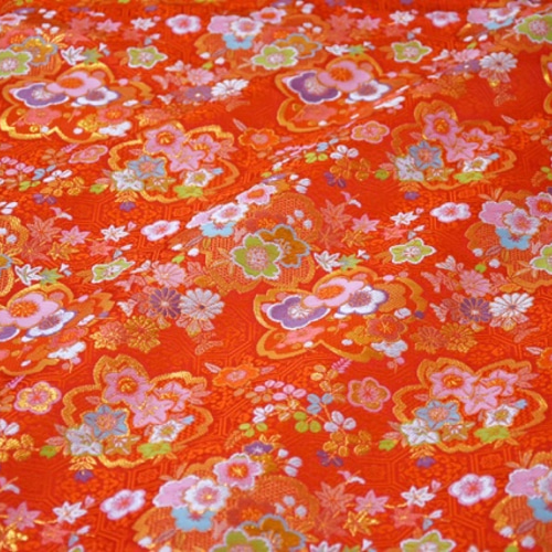 金色錦緞布料櫻花紅（朱紅色）在赤子地☆布料寬度約33公分x長度