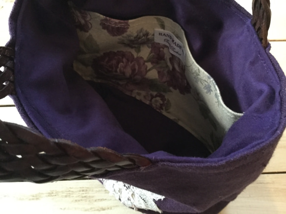紫リネンのアンティークモチーフミニトートバッグ 3枚目の画像