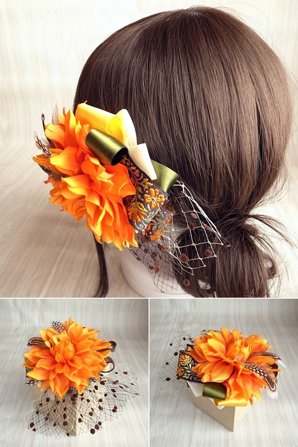 シルクダリア×刺繍リボン×羽根のヘッドドレス （オレンジ系） 2枚目の画像